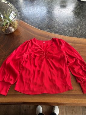 Red Women's V-Neck Blouse with Ruched Front